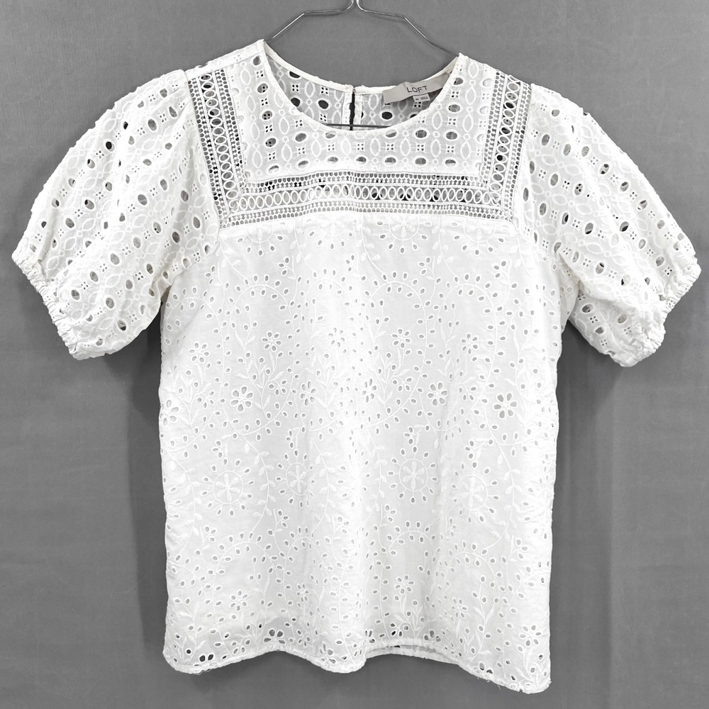 LOFT White Eyelet Puff Sleeve Blouse Cottagecore Romantic Top XS